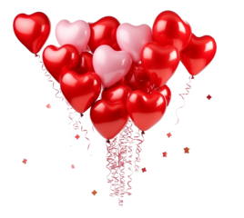 Red balloons with confetti. Festive heart shape air balloon compositions set with sparkling glitter ribbons. Valentine day or birthday party decoration elements on transparent