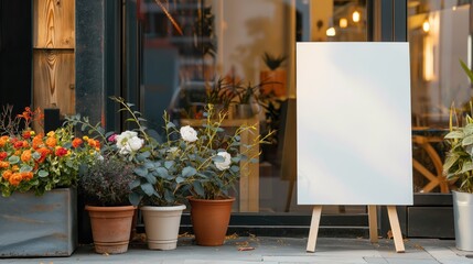A mock-up of an empty signboard, on an easel in front of the store, surrounded by bright potted flowers, which creates a picturesque setting