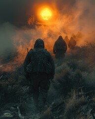 Soldiers on a Mountain with a Burning Sun