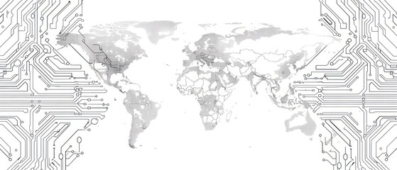 Fototapeta premium A minimalist world map set against a white backdrop, offering a sleek and modern look, ideal for tech-themed graphics and professional presentations.