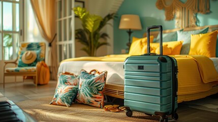 A cozy hotel room designed with a tropical theme. It features a teal suitcase near the bed, with vibrant decor and sunlight streaming through the windows.