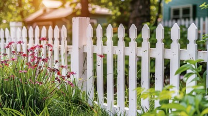 Flowering plants next to a white picket fence with vibrant flowers and fresh greenery, creating a serene and picturesque garden scene during sunset.