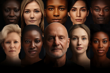 Obraz premium Diverse Group of People of Different Ages, Genders, and Races Together on a Black Background Representing Social Equality and Human Rights. Generative AI