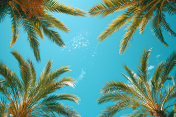 Palm leaves in a flat style against a bright blue sky,