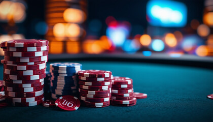 poker chips at Vegas, copy space for text, ad shot