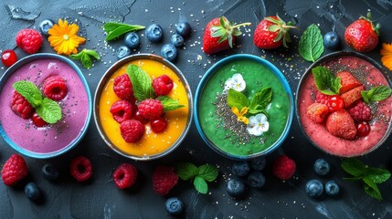 Colorful Smoothie Bowls: Vibrant smoothie bowls filled with blended fruits like acai, pitaya, or spinach. Topped with an artistic arrangement of fresh fruits, nuts, seeds, and edible flowers.