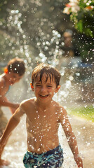 Obraz premium Joyful Children Playing in Sprinklers on a Hot Summer Day