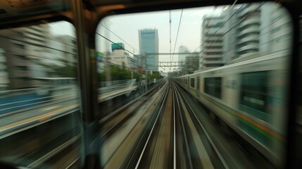 Fototapeta premium Abstract Motion-Blurred View from the Front of a Train. Dynamic Urban Transportation Concept with Speed and Motion