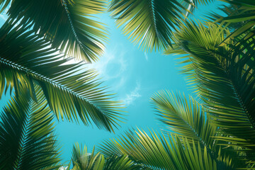 Minimalist flat illustration of palm leaves with a bright blue sky,