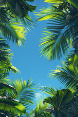 Fototapeta premium Flat vector design of palm leaves with a clear and peaceful blue sky,