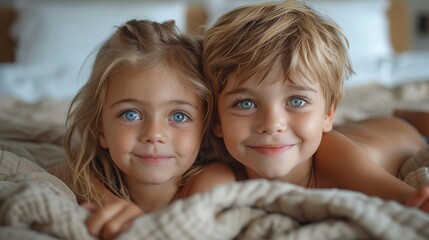 Two young children, brother and sister, with bright, joyful smiles, lying down together under cozy covers, creating a heartwarming and affectionate family moment.
