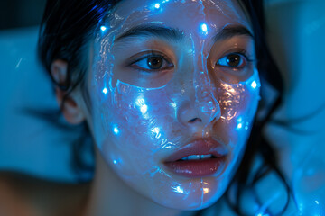 Close-up of a sheet mask on a face, emphasizing hydration and nourishment.Close up of womans face with glowing lights highlighting features