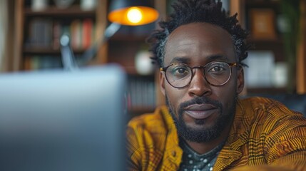 Fototapeta premium A man with glasses and a textured yellow jacket sits in a scholarly setting, captured with a focused look and warm lighting that emphasizes his thoughtful expression and surroundings.