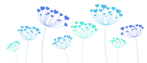Vector illustration dandelion time. Dandelion seeds blowing in the wind. Hearts Dandelion seeds blowing in the wind. The wind inflates a dandelion isolated in White background.