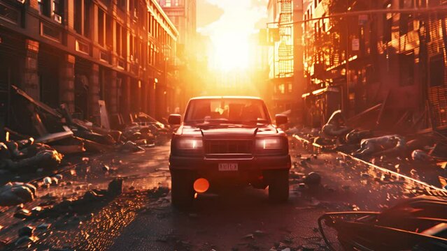 Destroyed post apocalyptic city street. Car is mooving along the street