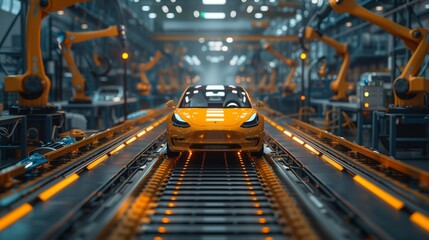 Yellow Electric Car Moving Through Automated Assembly Line in Factory