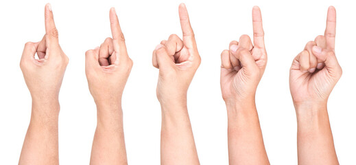 Multiple of Male Caucasian hand gestures isolated over the white background.Visual Pointing.
