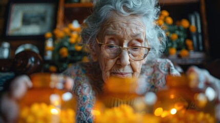 Obraz premium Elderly woman with glasses attentively examining multiple jars of capsules, highlighting the importance of health, care, and thoughtful consideration in a homely setting.