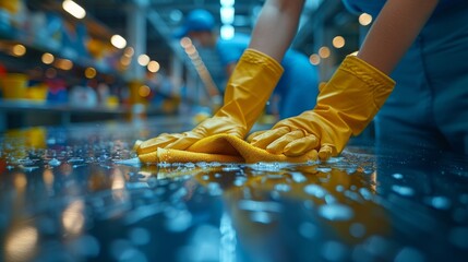 A worker wearing yellow gloves cleans an industrial surface, with other workers visible in the background, representing themes of sanitation, industrial work, and teamwork.