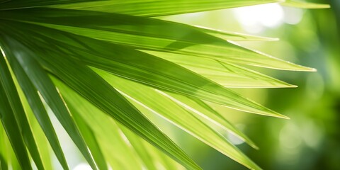 Obraz premium Close-up image of sunlit palmetto palm leaves showcasing coastal survival adaptation. Concept Nature Photography, Close-up Shots, Coastal Adaptation, Palmetto Palm, Sunlit Leaves