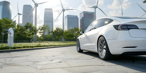 Fototapeta premium Powering Electric Vehicles with Renewable Energy for Sustainable Urban Development. Concept Sustainable Transportation, Renewable Energy, Urban Development, Electric Vehicles, Green Technology