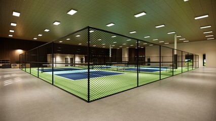 3D indoor pickleball court with blue and green colors for a sports complex illustration