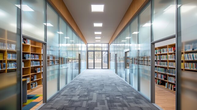 school library design, frosted glass panels in school library provide privacy modern touch to separate study areas, an innovative design idea for contemporary spaces