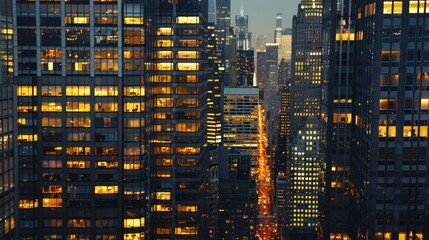 Obraz premium Modern city skyline at dusk with glowing building windows