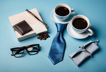 Stylish men’s gift set with coffee, glasses, and tie on blue background