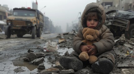 A Young Child Sits in the Rubble of a War-Torn City Street