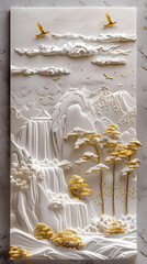 3d Bas-relief, Volumetric stucco molding on a concrete wall with golden elements, Japanese landscape, waterfall, mountains.
