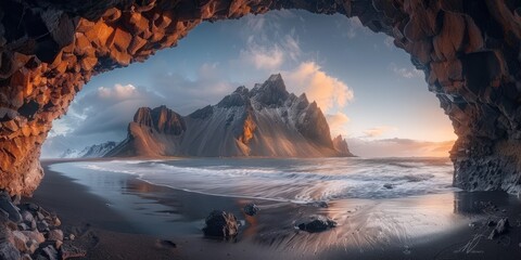 Mountainous Landscape Viewed From a Cave Entrance