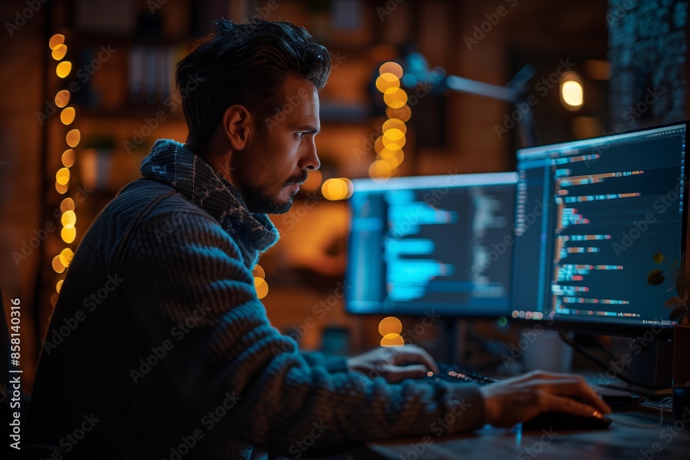 Poster focused programmer working late at night on a coding project