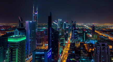 Modern Cityscape at Night with Towering Skyscrapers and Green Building