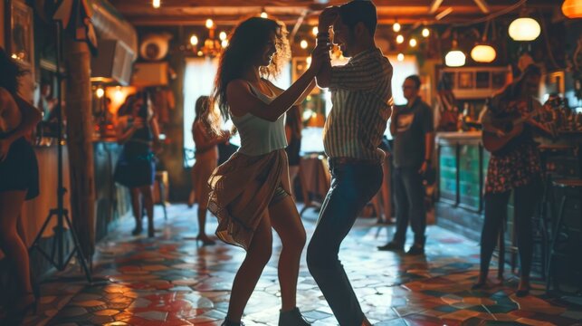 A man and woman are dancing in a club