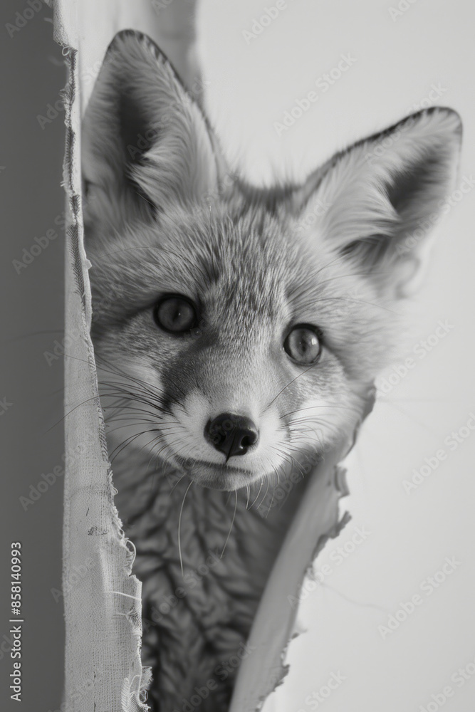 Poster charming fox cub peeking through a tear in a sheet on a plain backdrop,