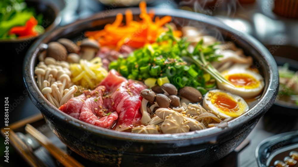 Wall mural a bowl of food with a variety of ingredients including meat, vegetables