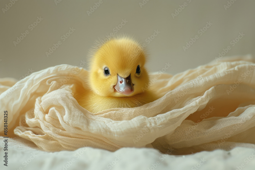 Poster sweet duckling peeking from a tear in a sheet on a plain background,