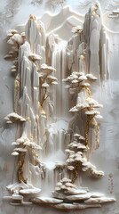 3d Bas-relief, Volumetric stucco molding on a concrete wall with golden elements, Japanese landscape, waterfall, mountains.