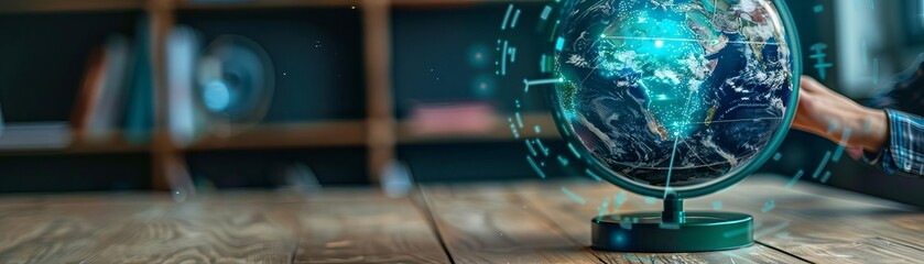 A teacher using a digital globe to show migration patterns, students discussing implications, Eco, Digital Painting