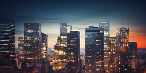 City Skyline at Dusk Illuminated Buildings and Vibrant Nightlife. Concept Urban Landscapes, Night Photography, City Skylines, Architectural Illumination, Vibrant Nightlife