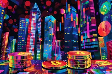 Obraz premium Colorful digital illustration of a futuristic cityscape with skyscrapers and cryptocurrency symbols like Bitcoin, depicting a neon cyberpunk vibe.