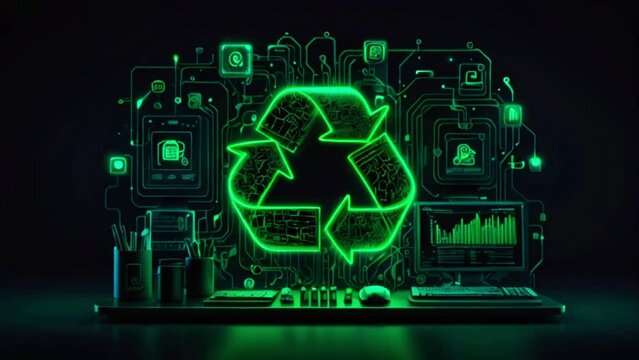 A green neon recycling symbol made of circuit board lines with a binary code background.