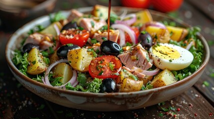 French salad Nicoise with tuna, boiled potatoes, egg, black olives, tomatoes, onion and lettuce poured balsamic sauce, Close-up  