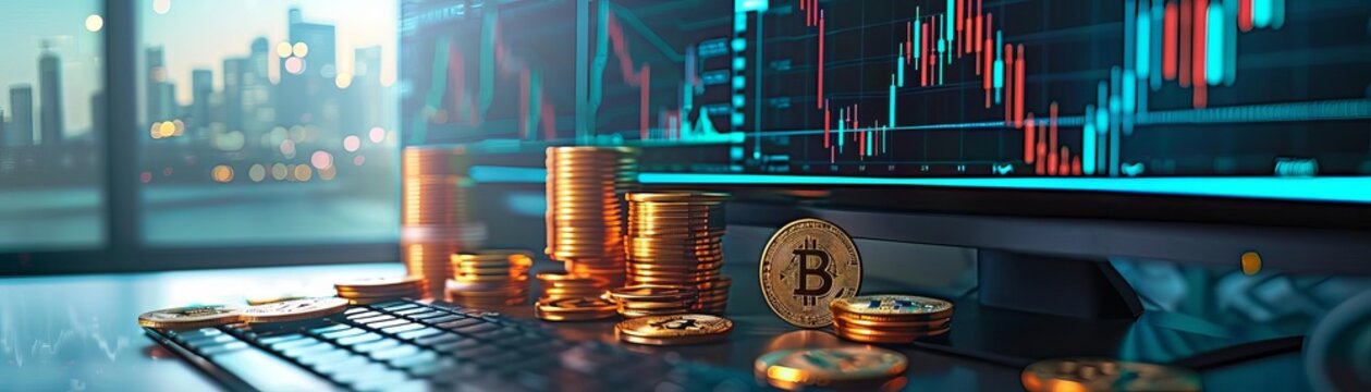 Crypto coins surrounding a computer monitor showing realtime performance analytics, hightech office, Scifi, Illustration