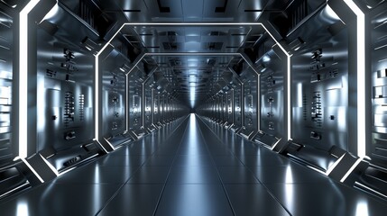 Fototapeta premium Empty Futuristic Illuminated Corridor with Neon Lights and Sleek Modern Design, 3D Generated Concept for Advanced Technology and Sci-Fi Environments