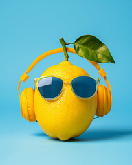 Lemon with sunglasses and headphones on blue background. Vibrant colors. Close up. Product photo. Minimal summer, music and food concept
