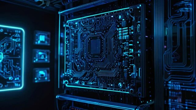 The video is of a computer motherboard with a glowing blue light.