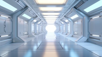 Fototapeta premium Empty Futuristic Illuminated Corridor with Neon Lights and Sleek Modern Design, 3D Generated Concept for Advanced Technology and Sci-Fi Environments