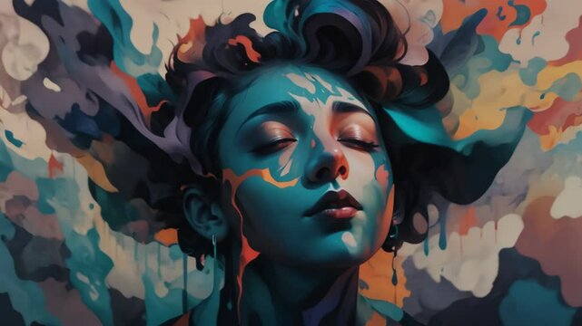 Mind, spirituality, psychology art animation concept. Illustration of a person with closed eyes and flowing colors, loop 4k